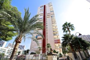 een hoog gebouw met palmbomen ervoor bij Residence Vacanza Torre Monaco in Benidorm +30 foto's