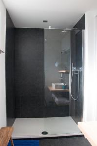 La salle de bains est pourvue d'une douche aux murs noirs. dans l'établissement B&B Aquavit, à Knokke-Heist