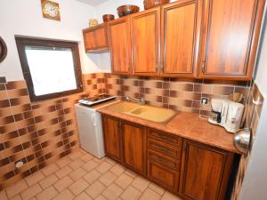 a kitchen with wooden cabinets and a sink at small holiday home at the edge of the forest in Malá Skála