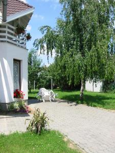 patio ze stołem i drzewem obok domu w obiekcie Baranyai Vendégház w mieście Bük