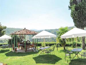 un groupe de tables et de chaises avec parasols dans l'établissement Agriturismo Borgo Del Senatore, à Anghiari