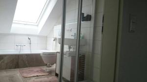 a bathroom with a toilet and a sink and a window at Casa Friedolin in Friedrichshafen +10 photos