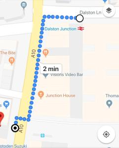 a screenshot of a cell phone map of ausion junction at 1BD Apartment in Dalston in London