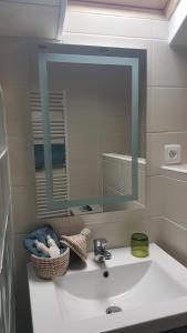 a bathroom with a sink with a large mirror at La Grange du Born in Sainte-Eulalie-en-Born