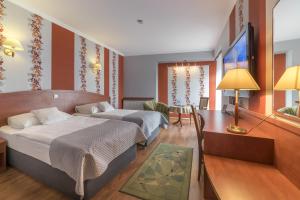 een hotelkamer met 2 bedden en een bureau bij Hotel Doris in Oborniki