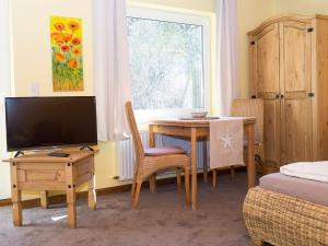 a room with a desk and a table with a television at Haus am Zeiberberg in Sinzig