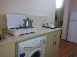 a kitchen with a stove and a washing machine at Guesthouse Mzeona in Batumi