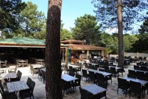 un patio esterno con tavoli, sedie e alberi di Camping Mulinacciu a Lecci