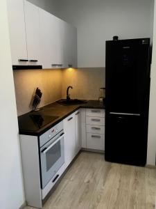 ブワディスワボボにあるApartament Sunshineのキッチン(黒い冷蔵庫、白いキャビネット付)