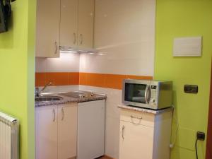 a kitchen with a stove, microwave, sink and refrigerator at Aparthotel Santa Marina in Cuéllar