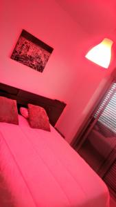 a pink bedroom with a bed with a red ceiling at Dúplex Apartamento in Benicarló