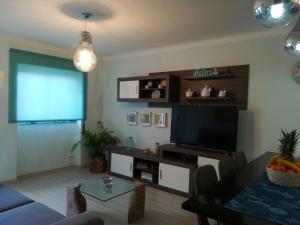 uma sala de estar com um sofá e uma televisão em Casas Da Roseira 2+1 Famalicao Nazare na Nazaré