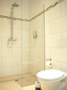 a bathroom with a toilet and a glass shower at NM-APARTMENTS in Griesheim