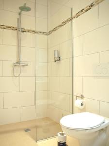 a bathroom with a toilet and a glass shower at NM-APARTMENTS in Griesheim