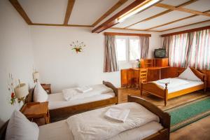 ein Wohnzimmer mit 2 Betten und einem TV in der Unterkunft Casa Cerbului1 in Sebeş