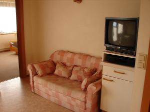 ein Wohnzimmer mit einem Sofa und einem TV in der Unterkunft Ferienwohnungen Marktl in Sankt Kanzian am Klopeiner See
