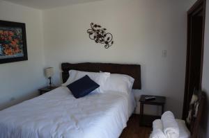San Benito Hotel في تيباسوسا: غرفة نوم عليها سرير ومخدة زرقاء