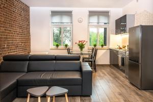a living room with a couch and a kitchen at Apartment Zamulkowa Katowice in Katowice