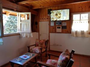 sala de estar con TV en la pared en Villa El Radal en San Martín de los Andes