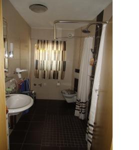 uma casa de banho com um lavatório, um WC e um chuveiro em All inkl Card Fewo1-Heigl em Viechtach