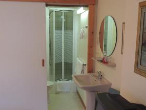 a bathroom with a shower and a sink and a mirror at Hotel Beau Rivage and Restaurant Koulic in La-Roche-en-Ardenne