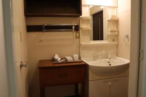 W łazience znajduje się umywalka i lustro. w obiekcie Guest House Dohei w mieście Kamakura
