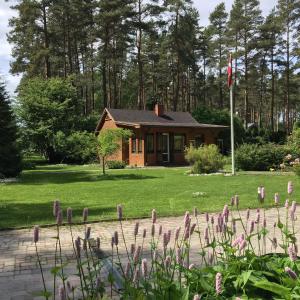 a house with a flag in front of it at Forest house with outdoor hot tub in Jūrmala