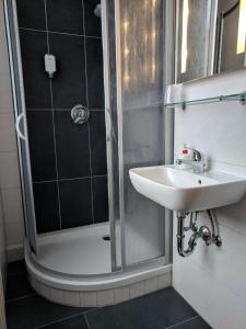 W łazience znajduje się umywalka i prysznic. w obiekcie Bahnhotel Dippoldiswalde w mieście Dippoldiswalde