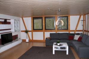een woonkamer met een bank en een tv bij Ferienwohnung Schlierbachtal in Lindenfels +11 foto's