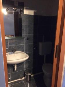 a bathroom with a sink and a toilet at Ipoly Party-Ház in Balassagyarmat +20 photos