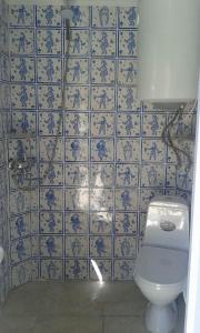 baño de azulejos azules y blancos con aseo en Old Tower Ushguli, en Ushguli