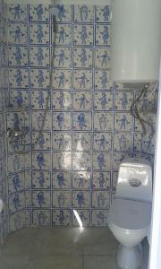 a blue and white tiled bathroom with a toilet at Old Tower Guesthouse Ushguli in Ushguli