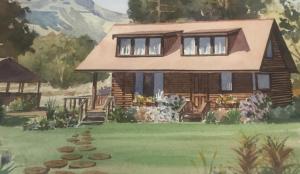 a painting of a house in a yard at Clarens Log Cabin in Clarens
