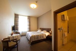 レドニツェにあるHotel Marioのベッドとバスルーム付きのホテルルームです。