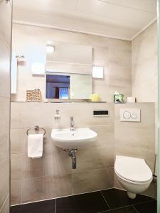 a bathroom with a sink and a toilet at Gasthof Adler in Schillingsfürst