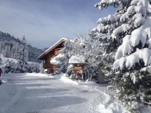 a cabin covered in snow next to a snow covered tree at Hôtel Chalet Alpage in La Clusaz