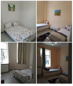 three pictures of a bedroom with two beds and a couch at Hostel Ginger House in Plovdiv