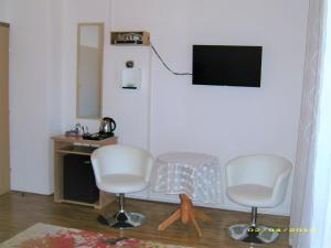 a living room with two chairs and a tv on the wall at Vila Vuk in Plitvička Jezera