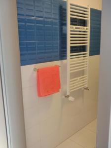a bathroom with a shower with a orange towel at Apartament niebieski w kompleksie 5 Morz in Sianozety