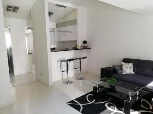 uma sala de estar com um sofá e uma mesa em Andrej Andrej em Viena
