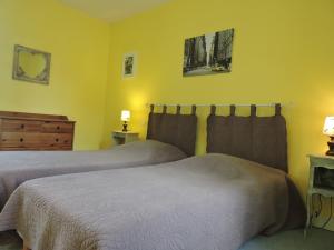 2 camas en una habitación con paredes amarillas en Les Pres Verts, en Mareuil-sur-Cher