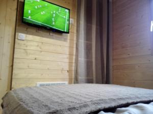 a bedroom with a bed with a television on the wall at Le chalet douillet in Saint-Geniès