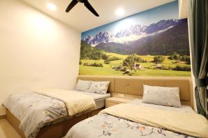 a bedroom with two beds and a mural of mountains at H2H - Swiss Home - Majestic Ipoh in Ipoh