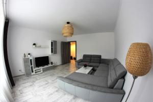 ein Wohnzimmer mit einem Sofa und einem TV in der Unterkunft Apartament Centru Istoric Radu in Sibiu