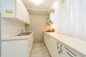 キーウにあるMalinovskogo Street Area Apartmets (119)の白いキャビネット、シンク、窓付きのキッチン