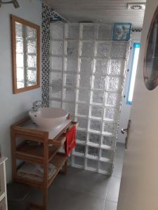 uma casa de banho com um lavatório e uma parede de vidro em Vendrennes Chez Florymarysol em Vendrennes
