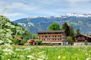 un gran edificio en un campo con montañas en el fondo en Jungfrau Hotel, en Wilderswil