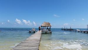 a man walking on a pier in the ocean at Barefoot Beach Belize in Caye Caulker