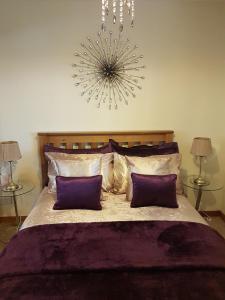 een slaapkamer met een groot bed met 2 paarse kussens bij No.19 The Apartment in Inverness