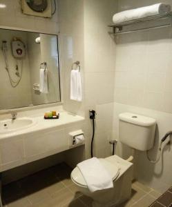 a bathroom with a toilet and a sink and a mirror at Hotel Seri Malaysia Kuantan in Kuantan
